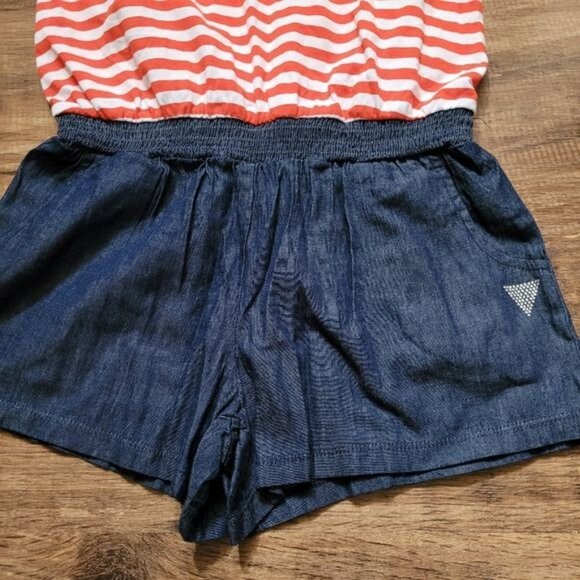 Girls Guess Romper Top Shorts Size Large 12 Denim Red White Stripes Naut… - Picture 3 of 7